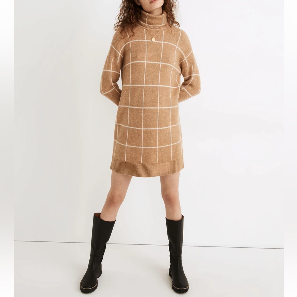 Madewell Womens S Windowpane Turtleneck Sweater Dress Wool Blend Comfy Chic